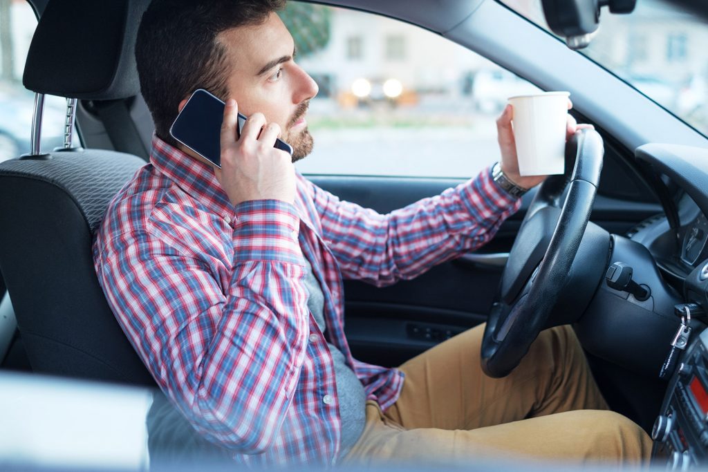 Distracted Driver on Phone, Drinking Coffee